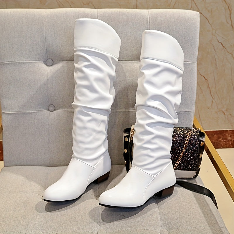 Women's Slouchy Mid Calf Boots Low Heeled Pull On Boots