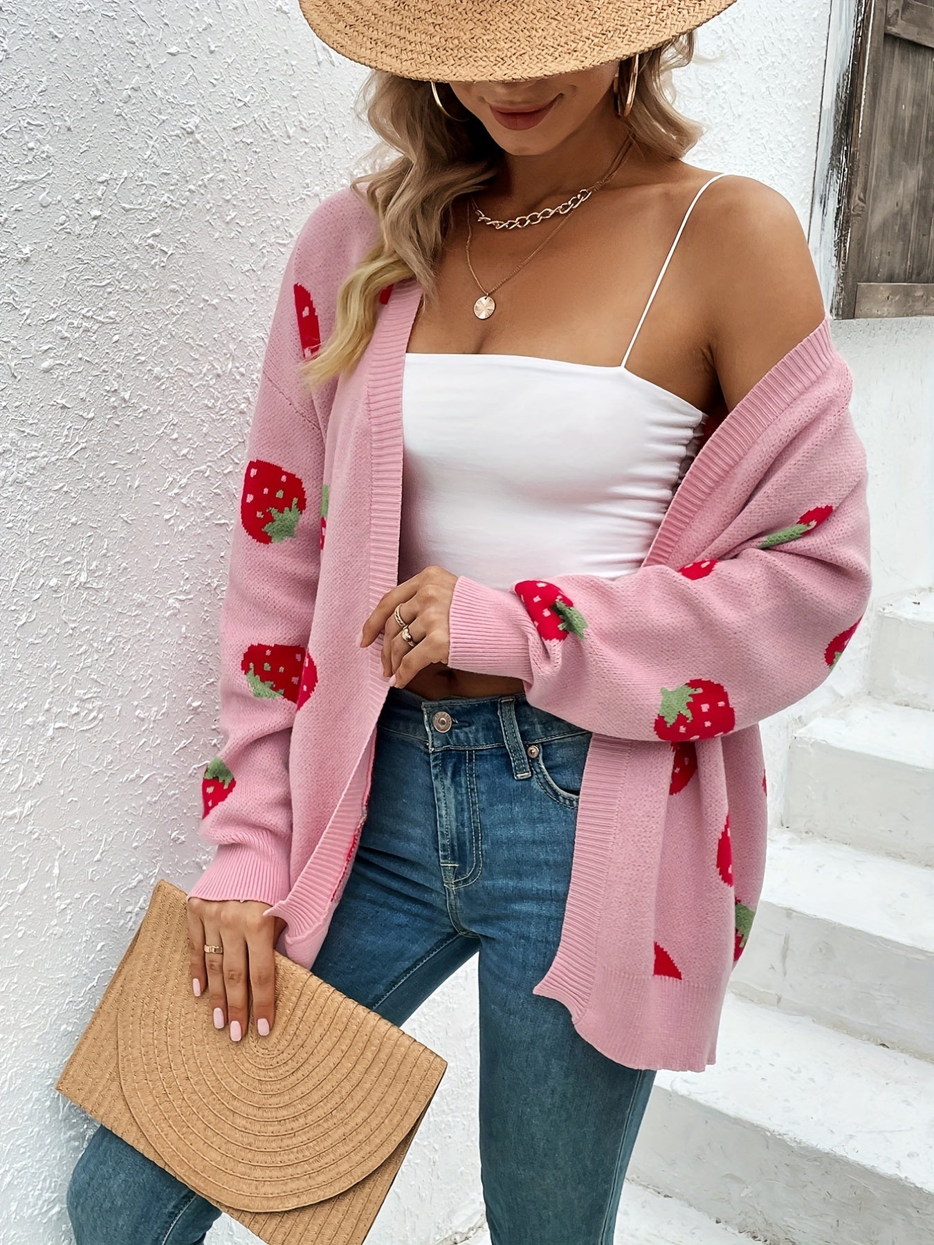Strawberry Pattern Open Front Cardigan Long Sleeve Cardigan
