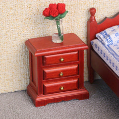 1:12 Scale Wooden Bedside Table w/ 3 Drawers Red