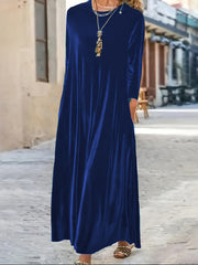  Solid Velvet Long Sleeve Maxi Dress With Pockets