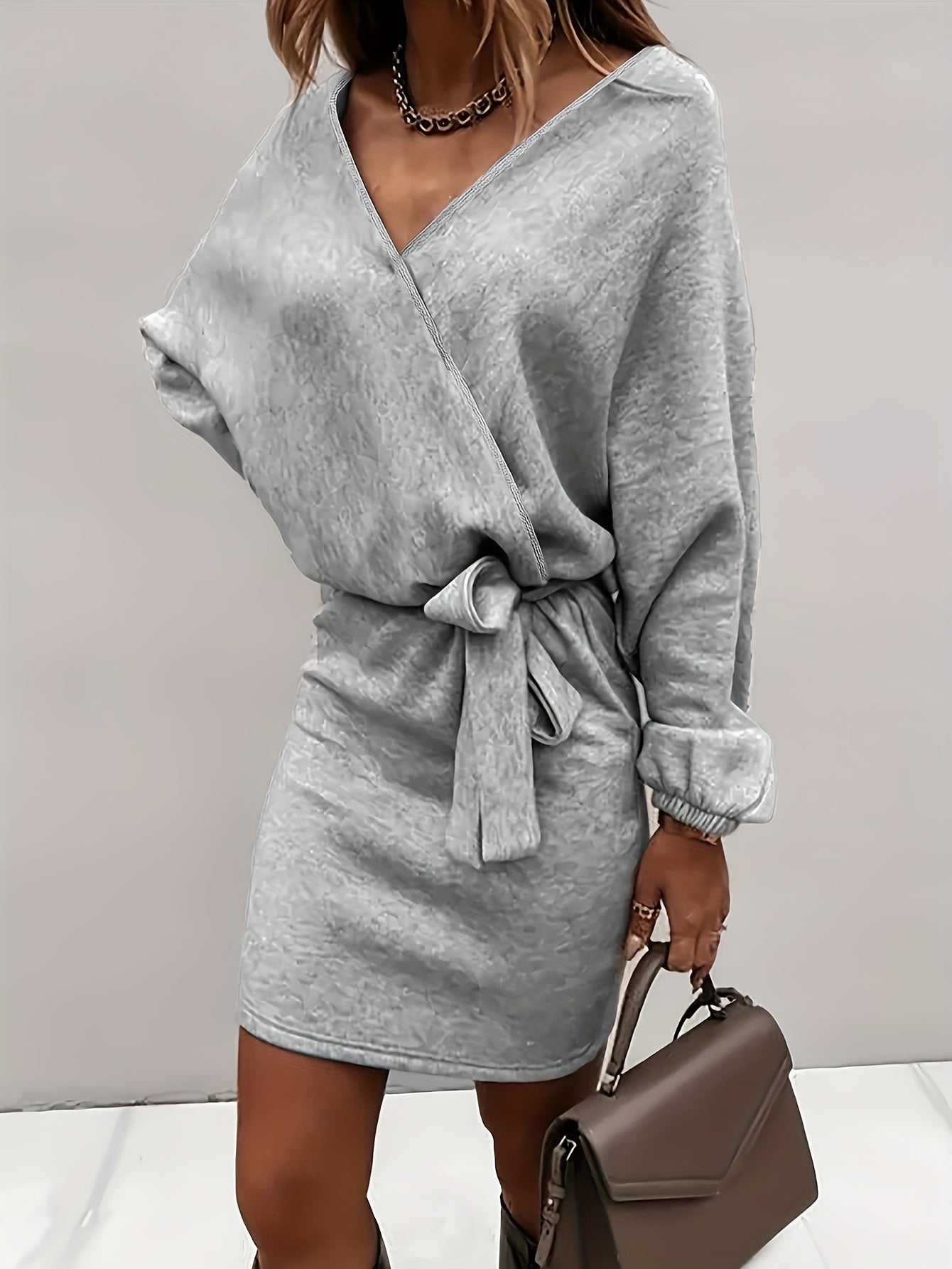  Solid Lantern Sleeve Mini Belted Dress