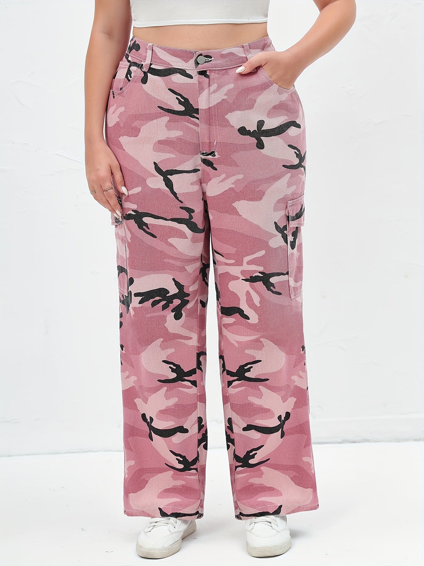 Women's Plus Camo Print Button Fly High Rise Cargo Jeans