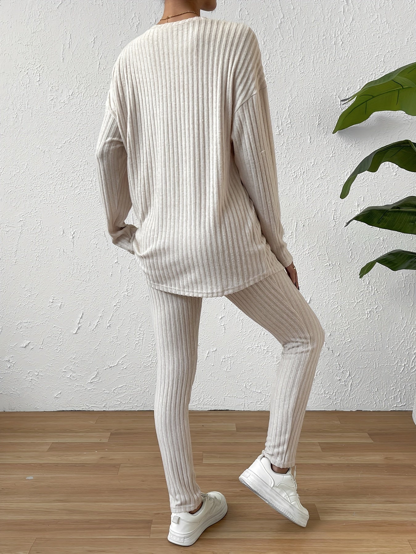 Ribbed Knit Two piece Set Long Sleeve Crew Neck Top & Slim Pants