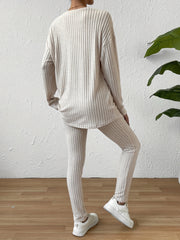 Ribbed Knit Two piece Set Long Sleeve Crew Neck Top & Slim Pants