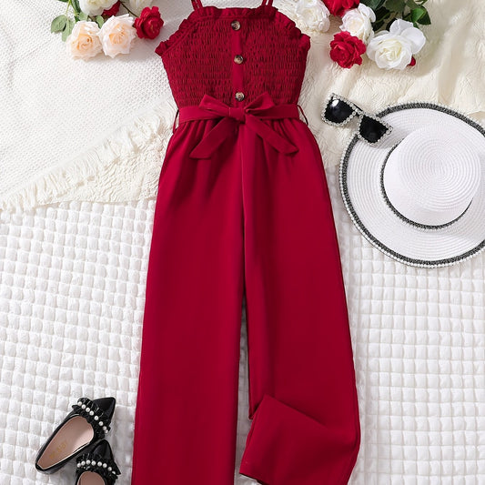 Girls Frill Trim Shirred Belted Cami Rompers - Summer Clothes