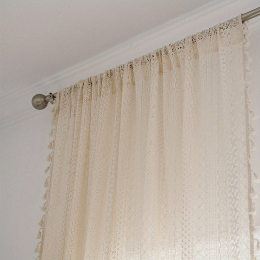 Bohemian Sheer Curtain with Hollow Trim and Tassel - Home Decor