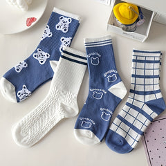 10 Pairs Bear & Plaid Print Ribbed Socks Women's Mid Tube Stockings