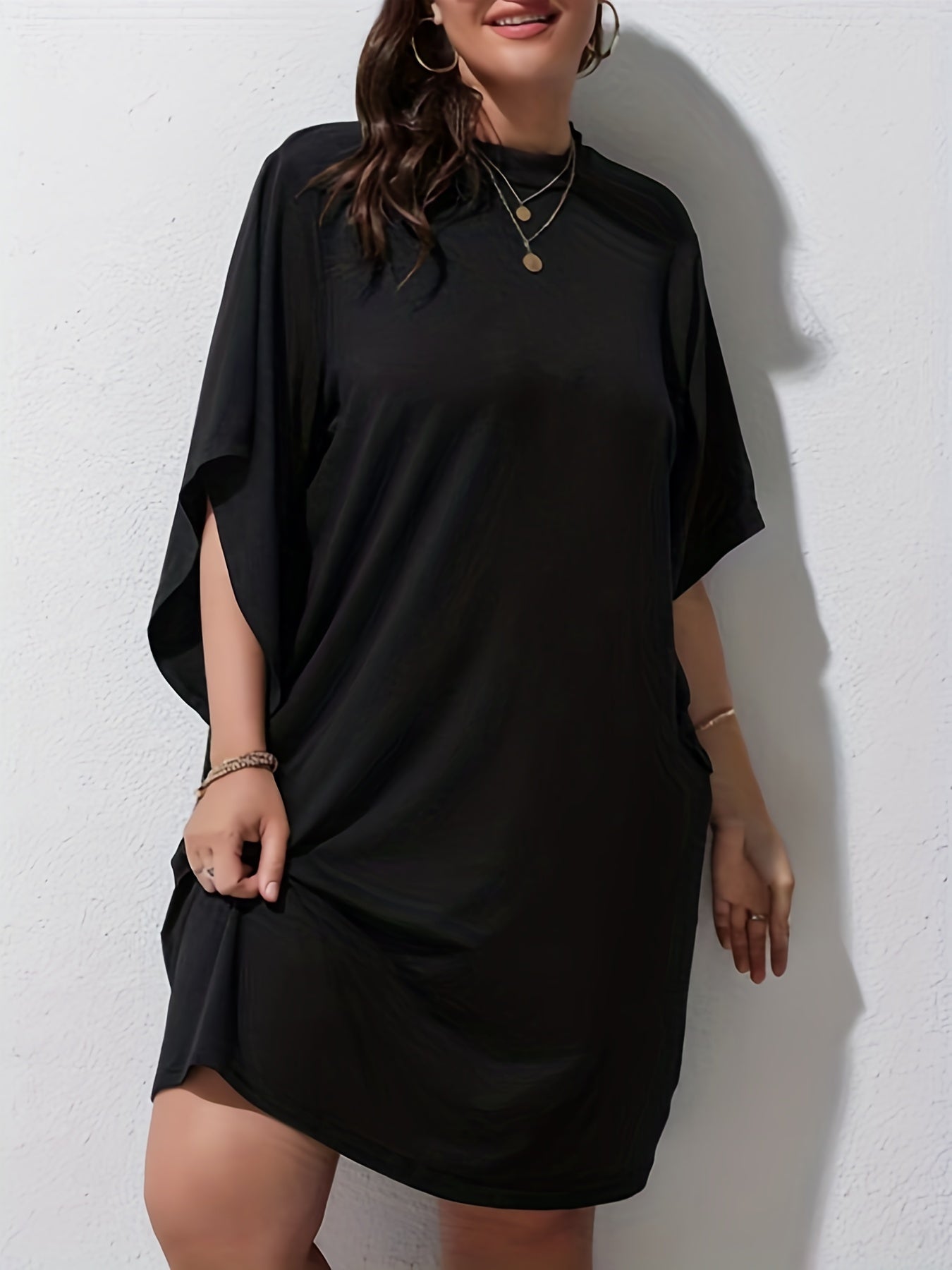  Casual Dress Women's Plus Plain Bat Sleeve