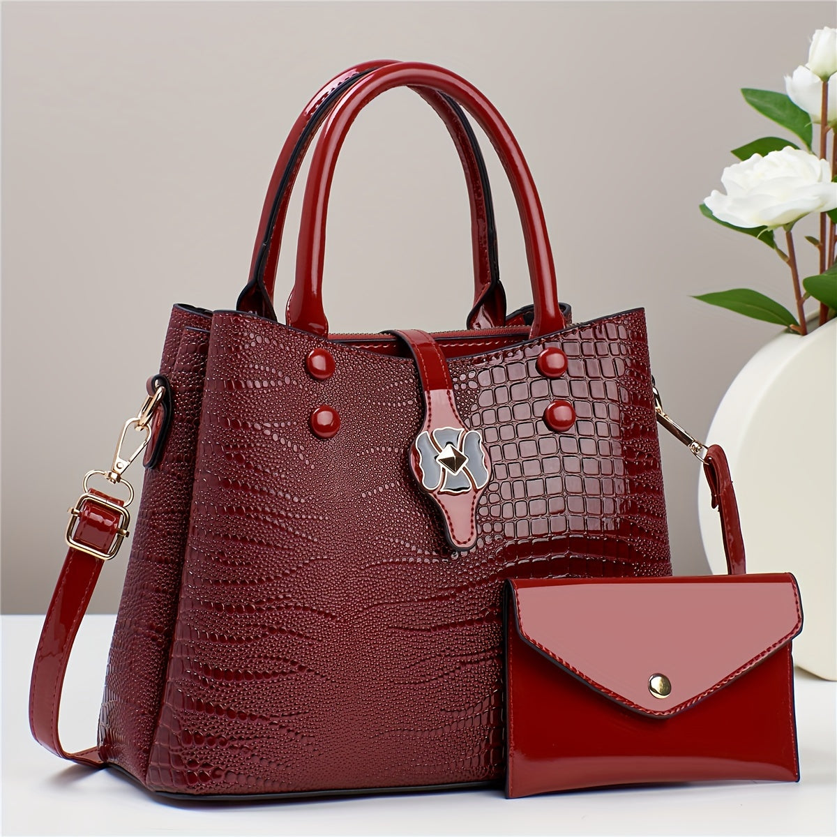 Crocodile Pattern Handbag Set: Tote Bag & Clutch Purse