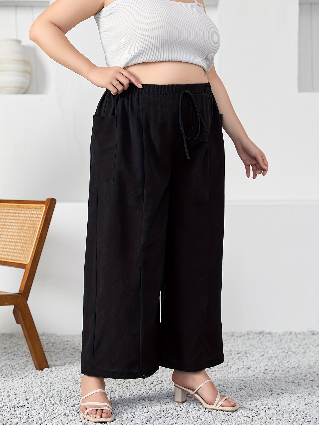  Solid Wide Leg Trousers w/ Pockets