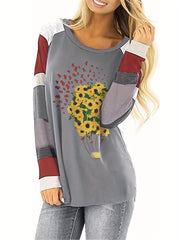  Colorblock Floral Print Knit Top Long Sleeve Round Neck Jumper