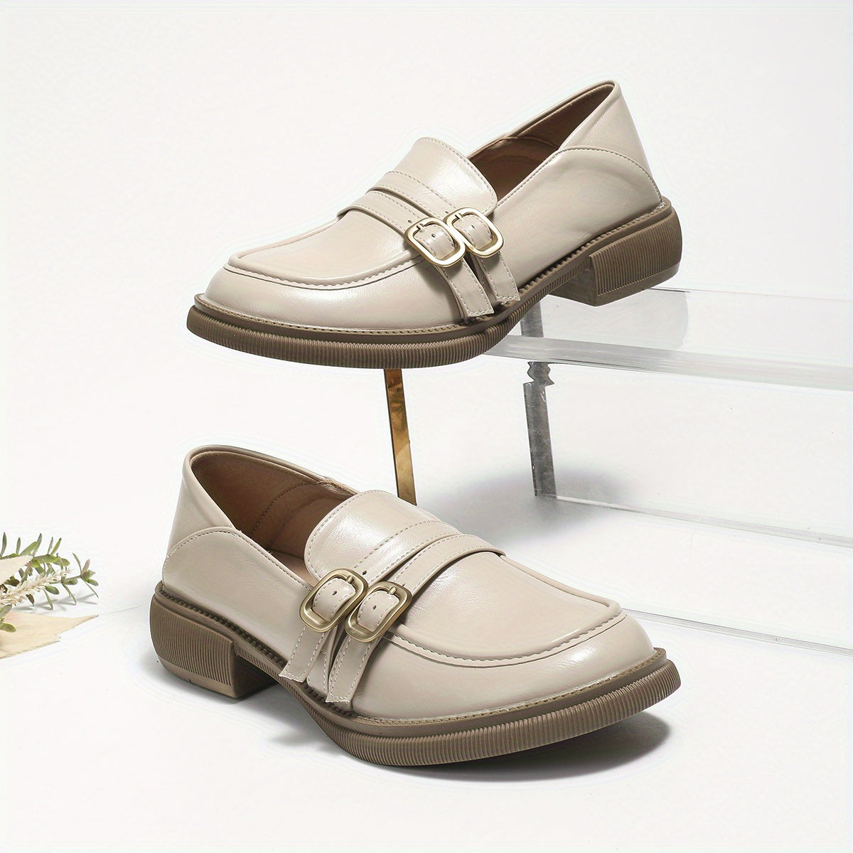 Chunky Loafers with Two Buckle Straps, Round Toe