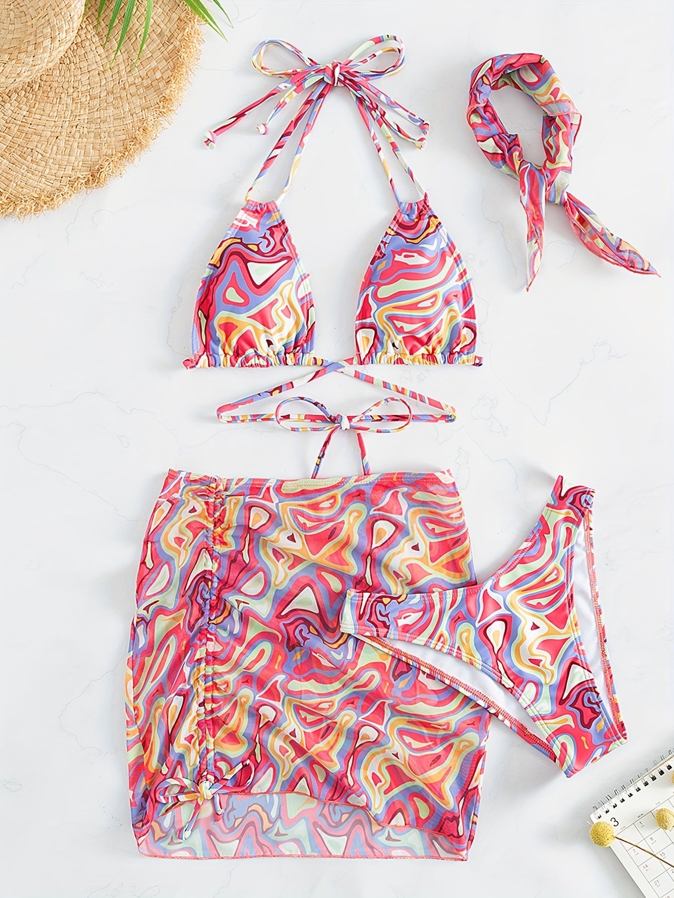 Wavy Swirl Print Criss Cross 3Pc Swimsuit Set