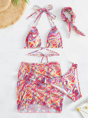 Wavy Swirl Print Criss Cross 3Pc Swimsuit Set