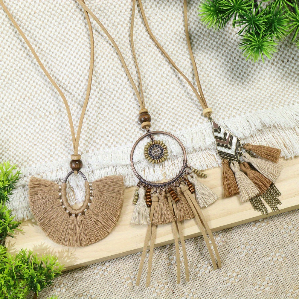 Boho Ethnic Tassel Pendant Necklaces Retro Rhinestone Drip Oil Alloy Necklace