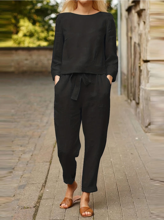  2-Piece Set: Solid Long Sleeve Top & Tapered Leg Pants