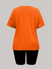 Letter Print Casual Two-piece Set Crew Neck Tee & Slim Shorts