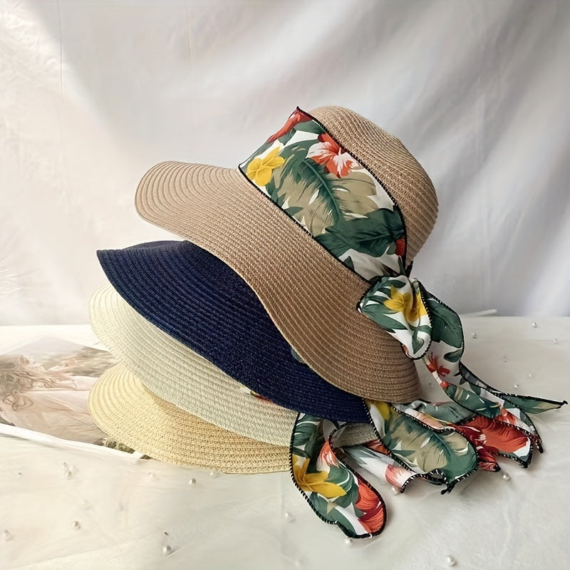 Wide Brim Sun Hat Flower Print Ribbon Bowknot Decor Travel Beach Hats UV Protect
