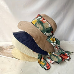 Wide Brim Sun Hat Flower Print Ribbon Bowknot Decor Travel Beach Hats UV Protect