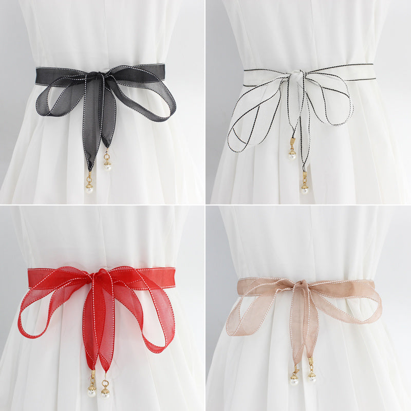 Lace Waistband Dress Belt with Pearl Pendant