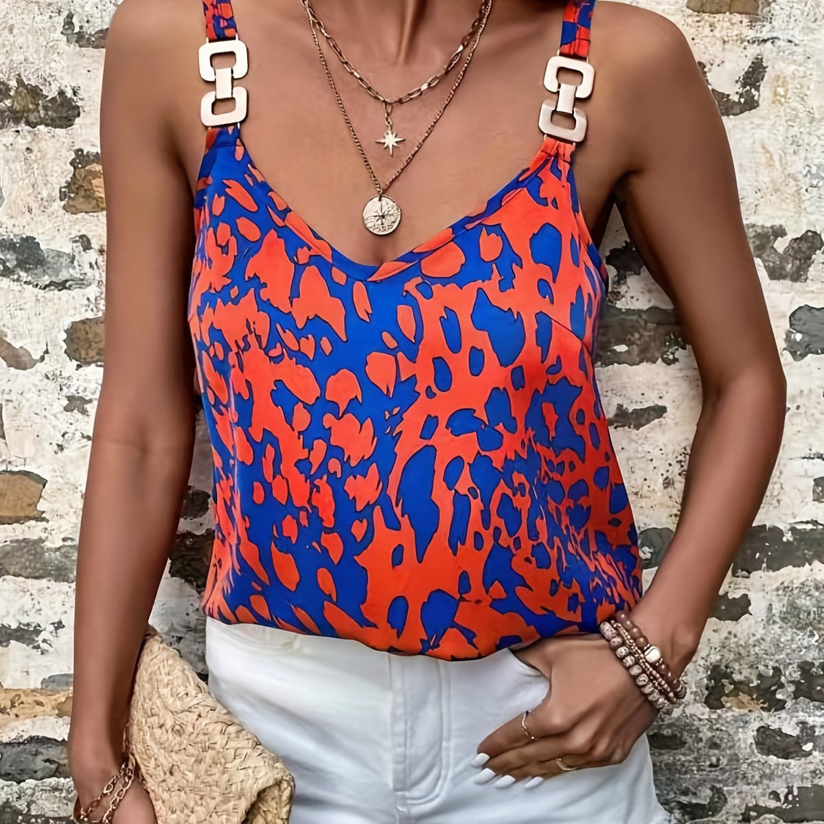 Graphic Print Metal Buckle Cami Top Sexy V Neck Summer Sleeveless Top