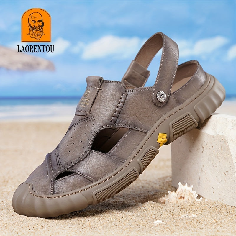 LAORENTOU Men's Leather Stitch Non slip Sandals Durable Quick Dry Closed Toe