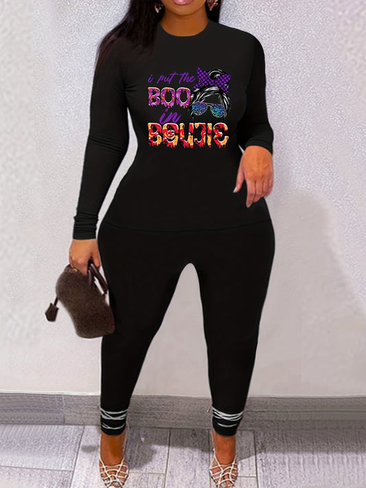  Halloween Casual Outfits Set Women's Plus Skull & Letter