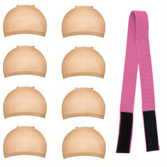 8PCS Stretchable Nylon Wig Caps & Elastic Bands Set for Women Nude Color