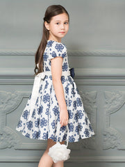 Girls Floral Print Short Sleeve Dress With Belt