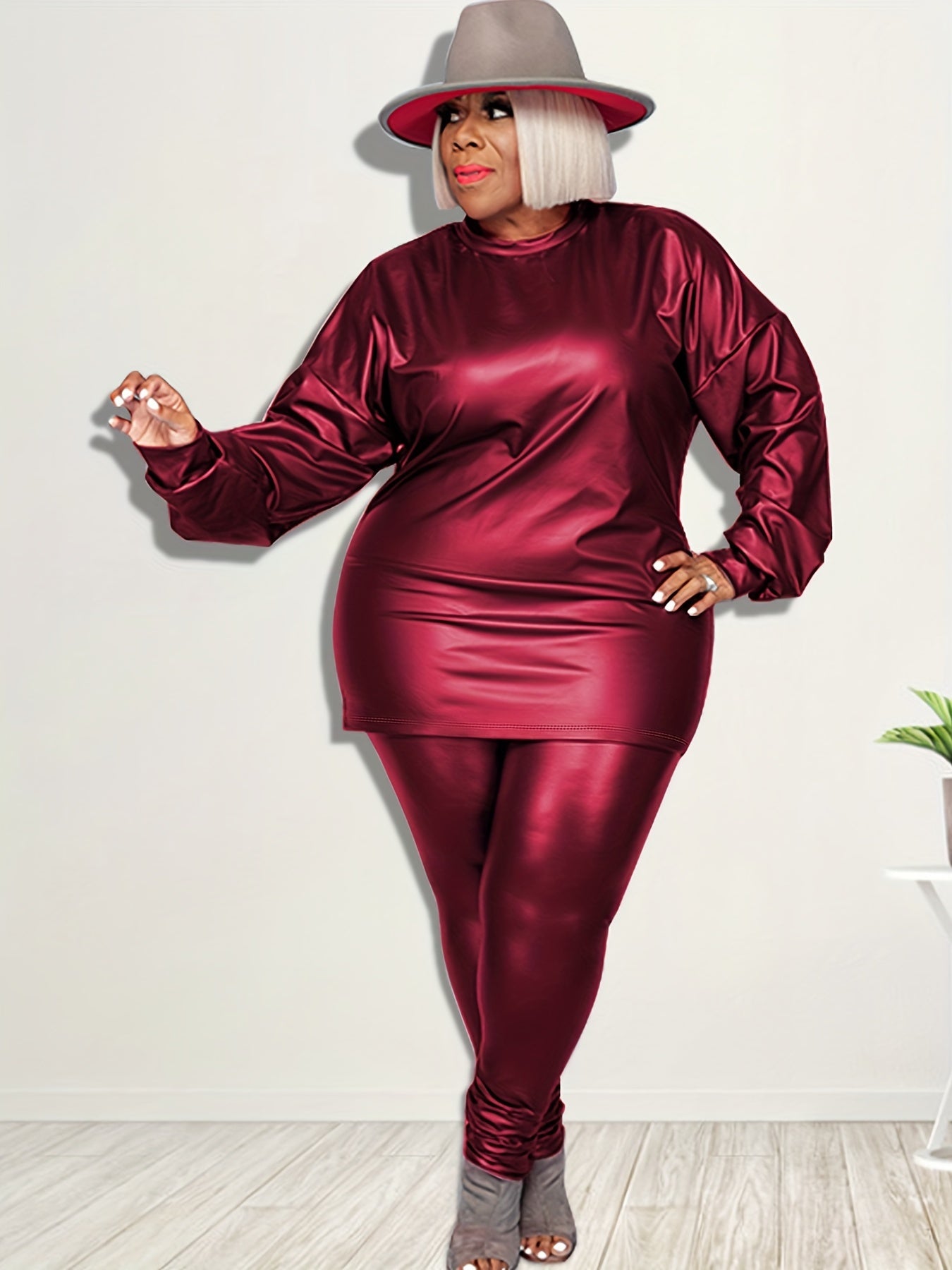 Women's Plus Faux Leather Long Sleeve Top & Pants Set