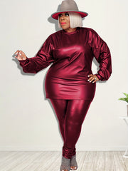Women's Plus Faux Leather Long Sleeve Top & Pants Set