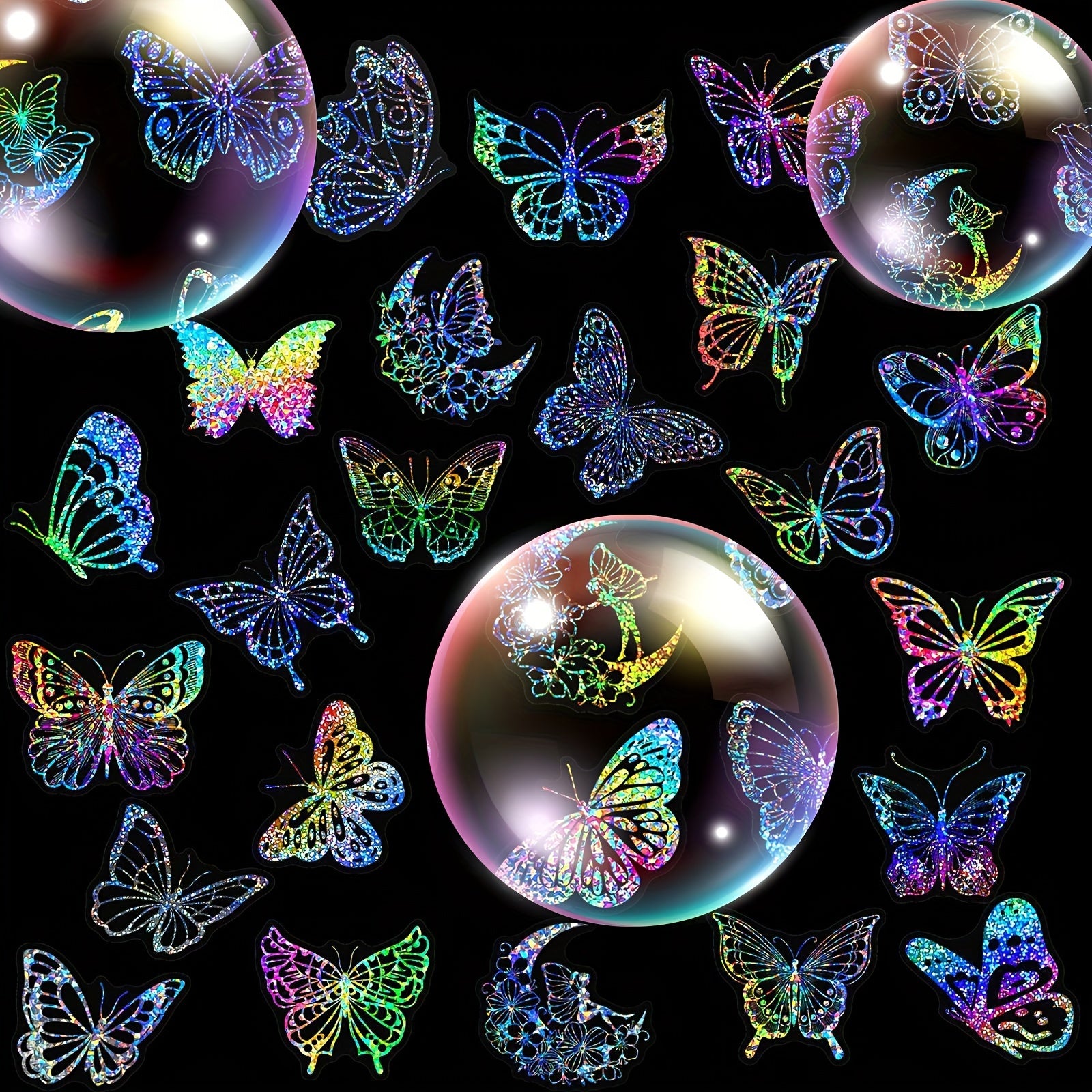 100 Holographic Butterfly Stickers Reusable Adhesive for Glass