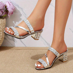 Women's Rhinestone High Heels Open Toe Slip On Sandals