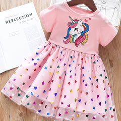 Girls Unicorn Sequins Heart Tulle Patchwork Dress
