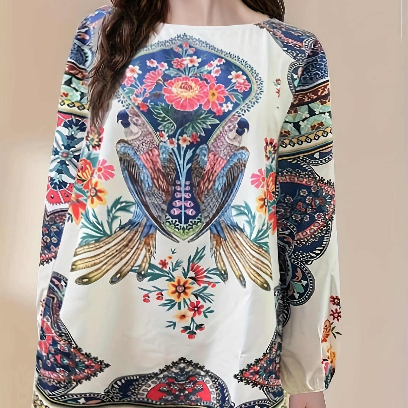  Retro Blouse Women's Plus Bird & Floral Print Top