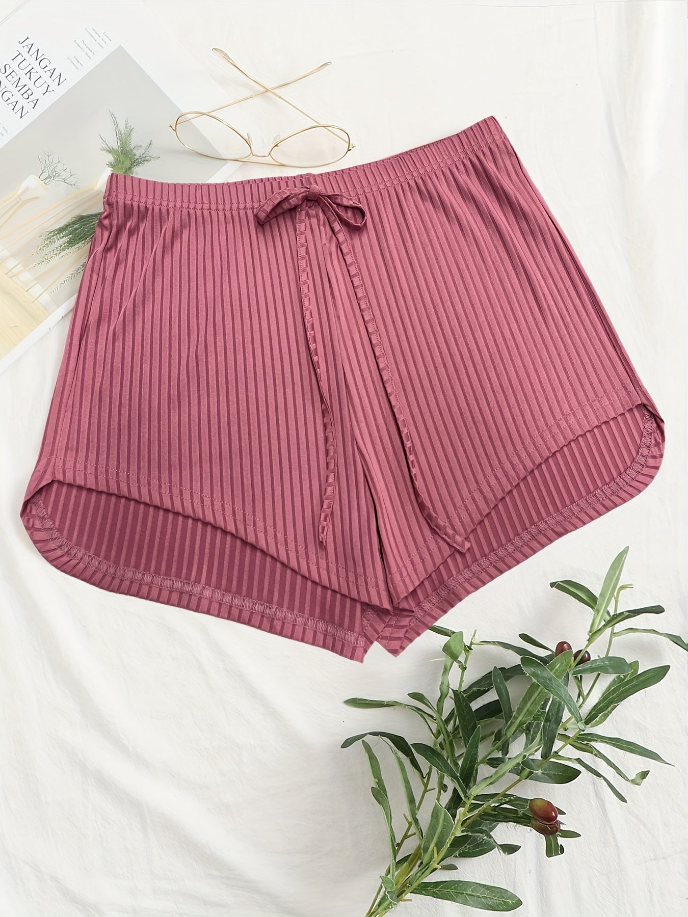  Solid Ribbed Knit Tie Front Shorts