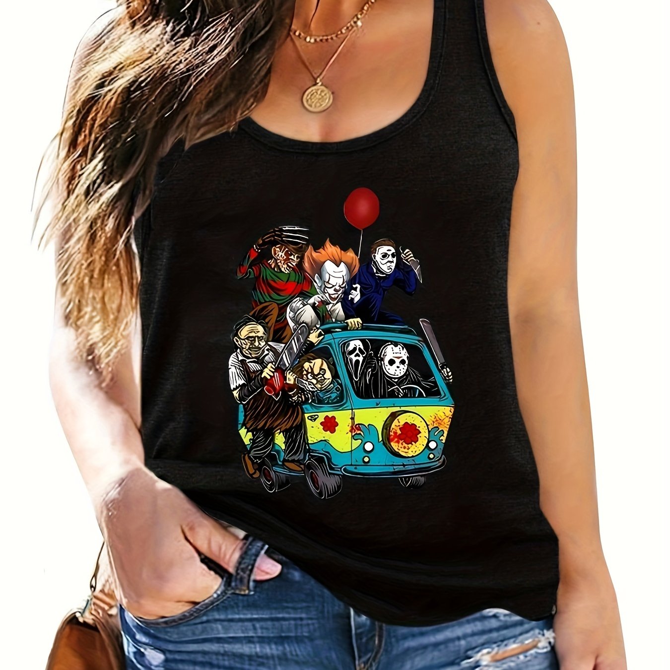  Halloween Tank Top Women's Plus Horror Cartoon Figure Print Tank Top
