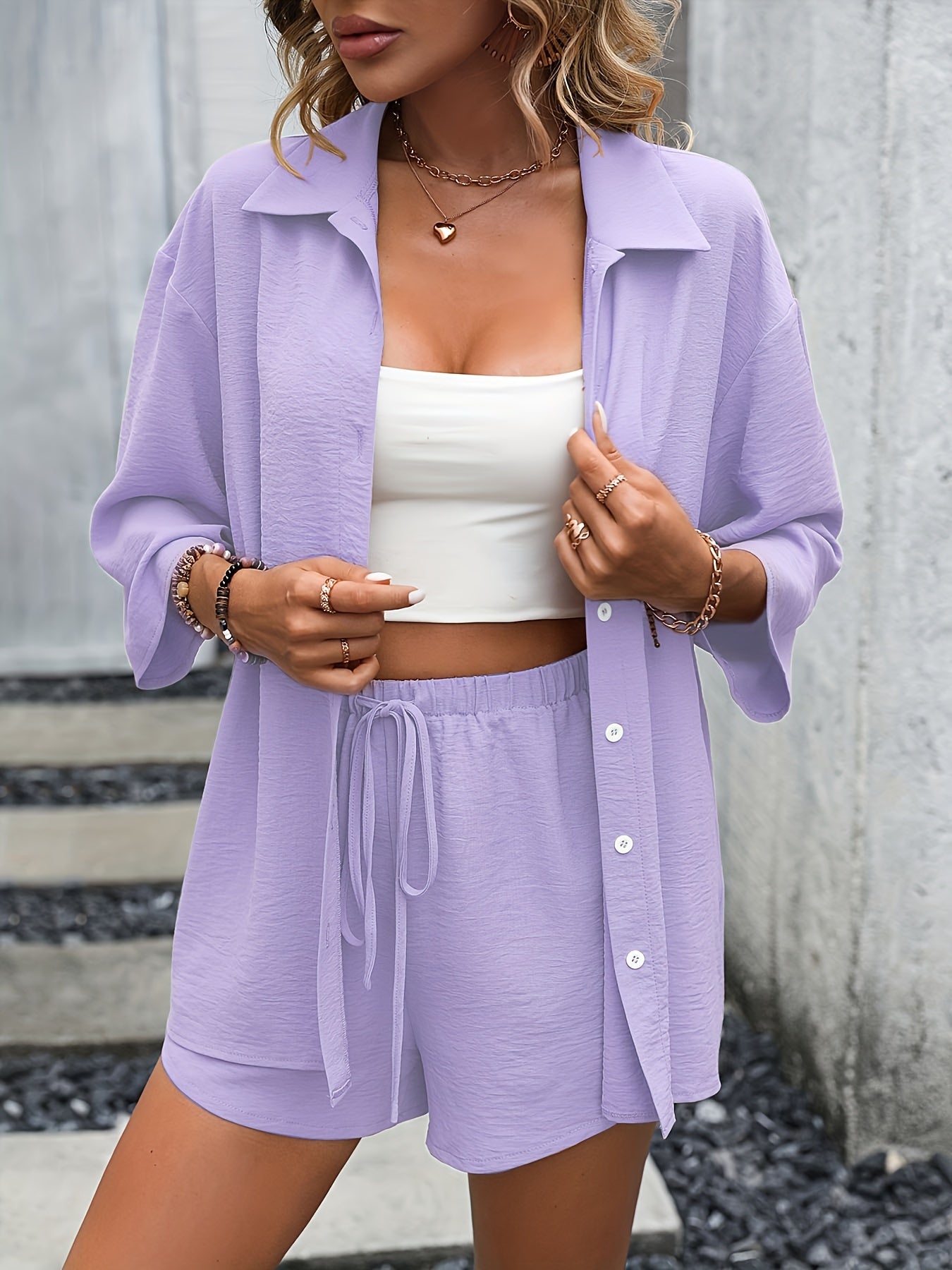Casual Two piece Set Button Front Blouse & Drawstring Shorts