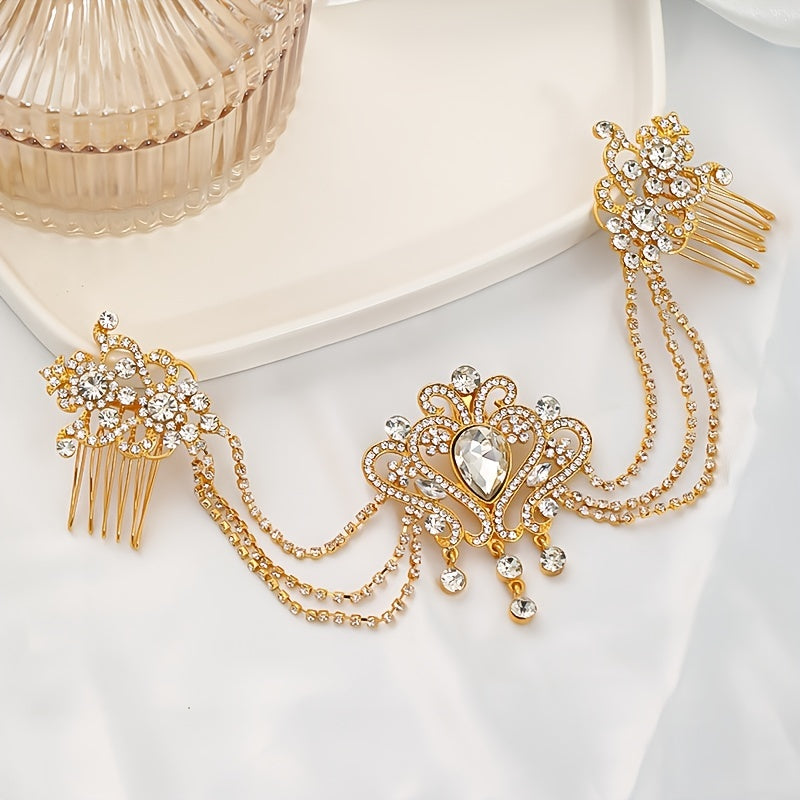 Crystal Tiara Hair Chain Headband for Bride & Weddings with Comb