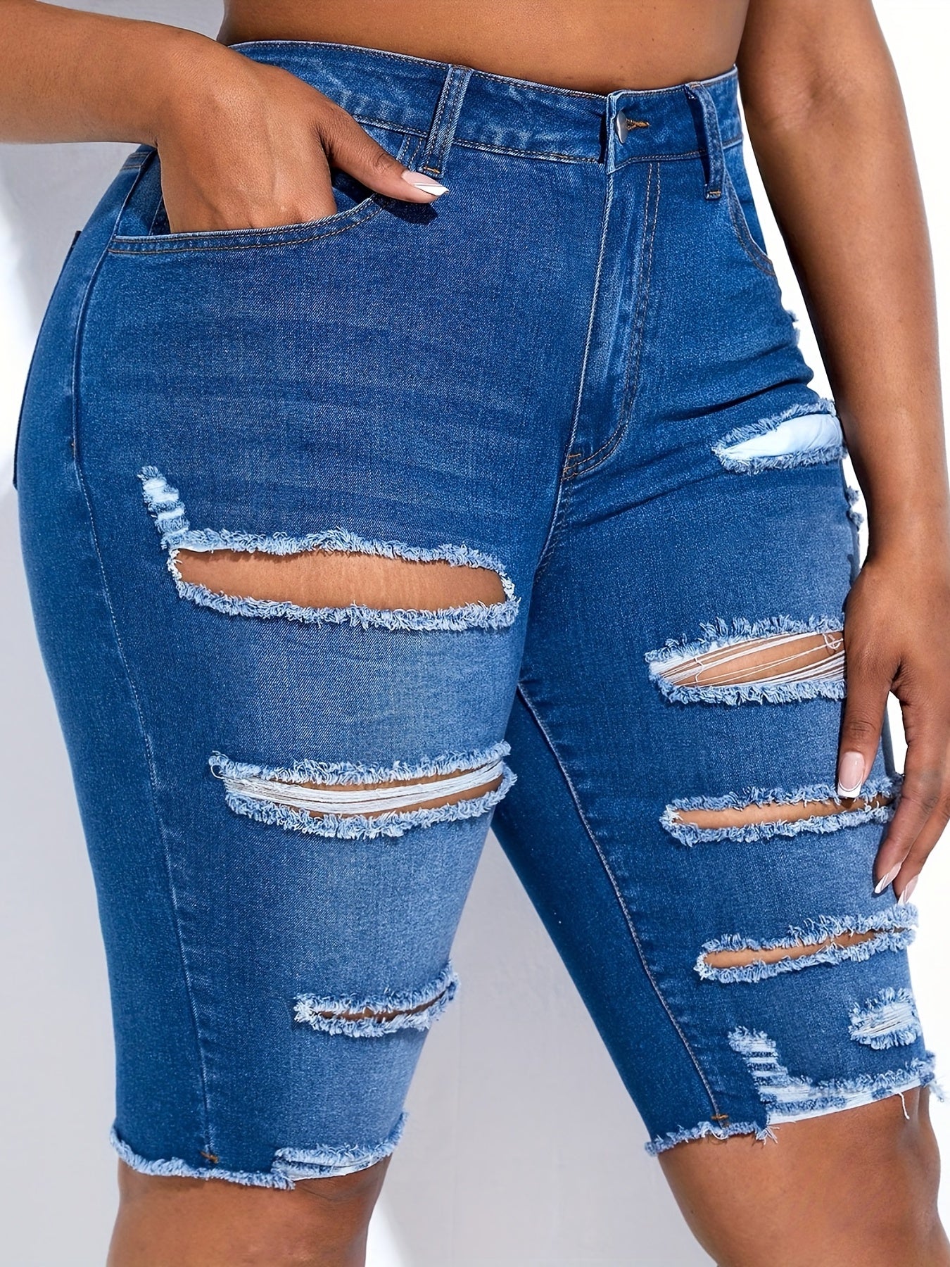  Solid Ripped Fringe Trim Skinny Denim Shorts