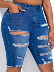  Solid Ripped Fringe Trim Skinny Denim Shorts