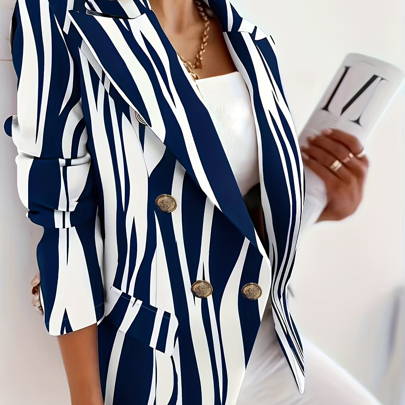  Casual Stripe Print Blazer Long Sleeve Lapel Collar