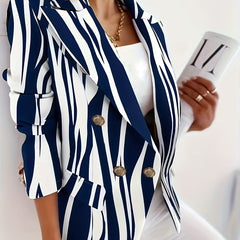  Casual Stripe Print Blazer Long Sleeve Lapel Collar