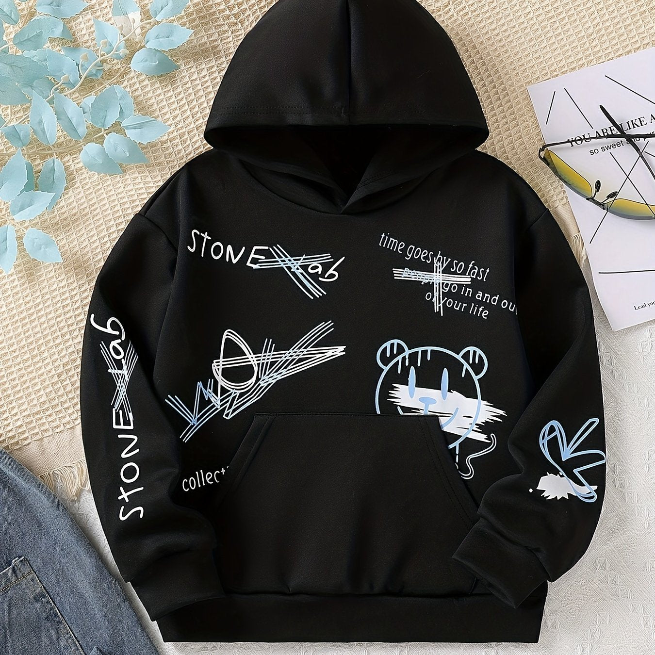 Cartoon Graffiti Print Boys Hooded Sweatshirt for Kids