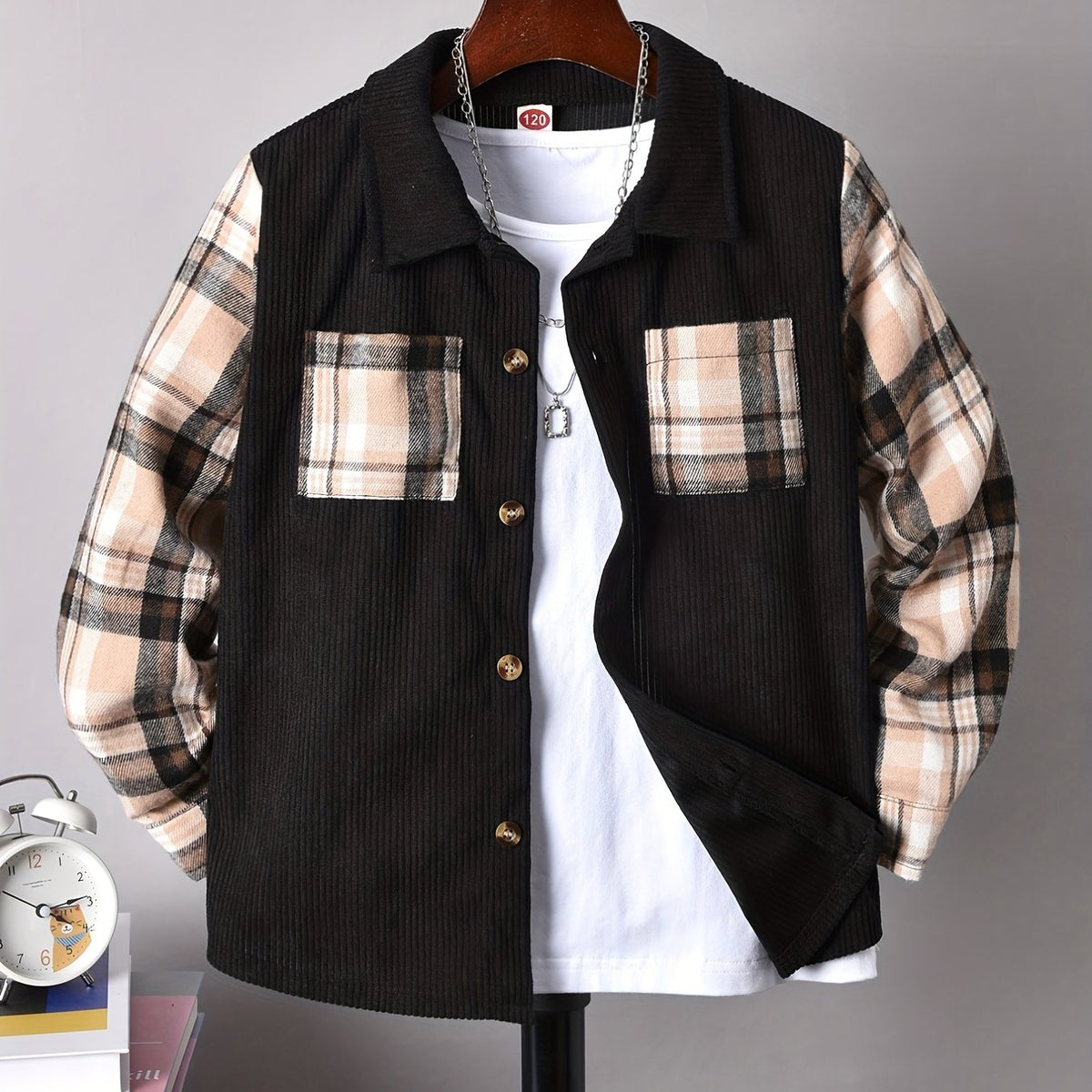 Boy's Plaid Fleece Jacket Casual Lapel Button Up Coat
