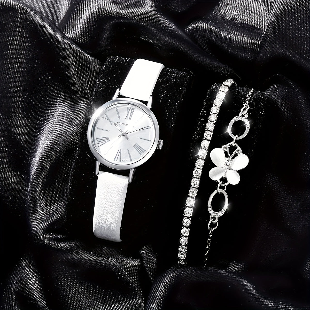 Stylish PU Leather Watch Set with Rhinestone Bracelets
