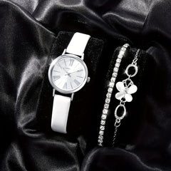Stylish PU Leather Watch Set with Rhinestone Bracelets