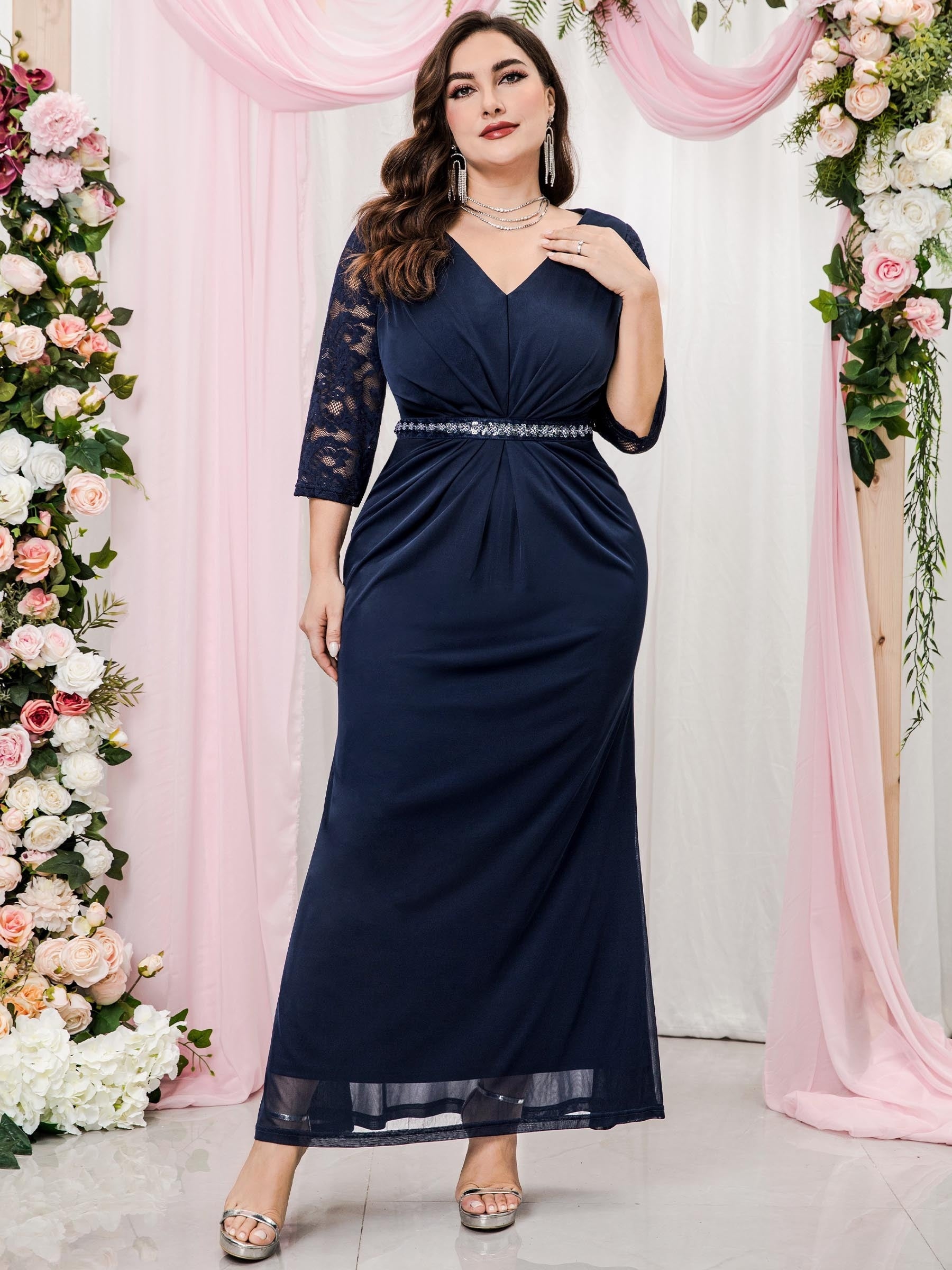  Colorblock Sequin Lace Bridesmaid Maxi Dress