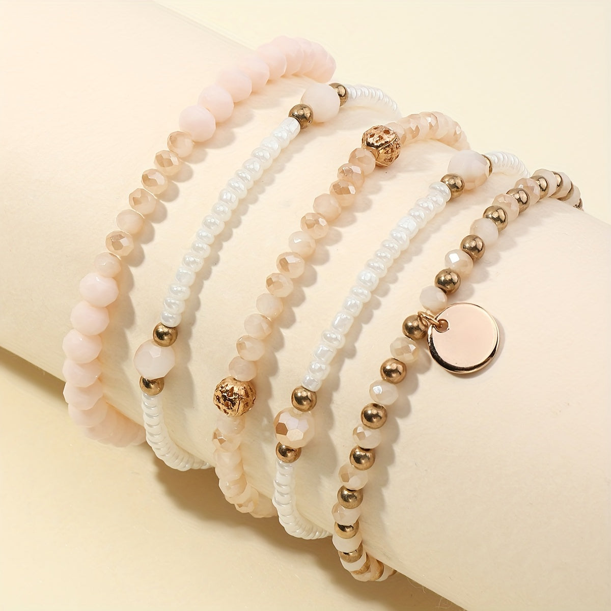 Flat Round Pendant Beaded Bracelet Set 5 Pcs