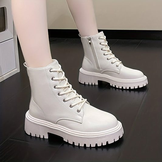 Women's Solid Lace Up Round Toe Zipper Platform Boots
